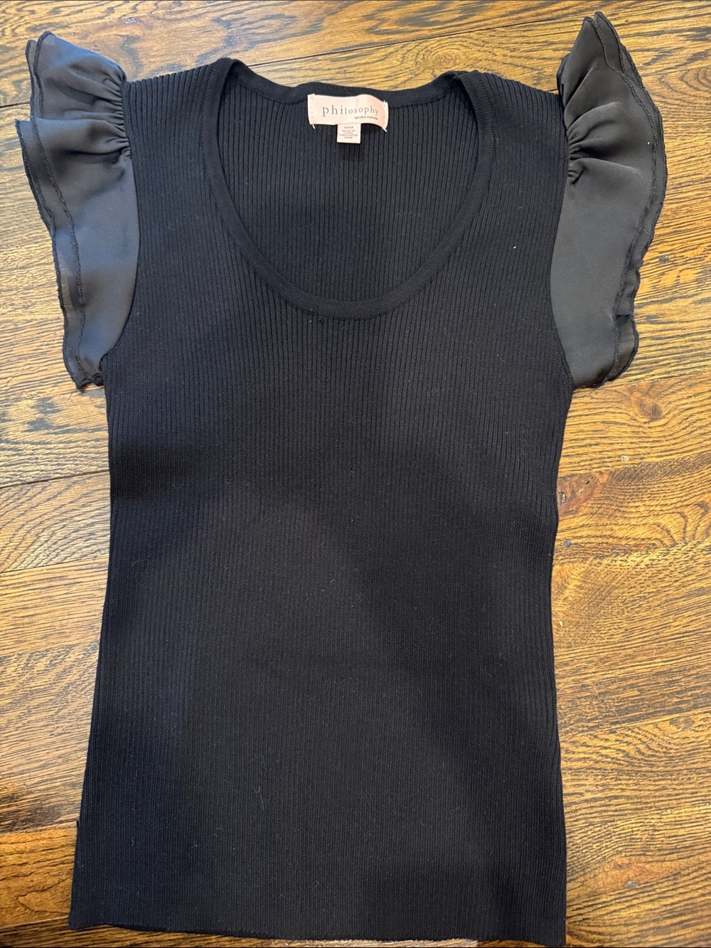 Philosophy Black Ribbed Tank with Sheer Puff Sleeves size Medium